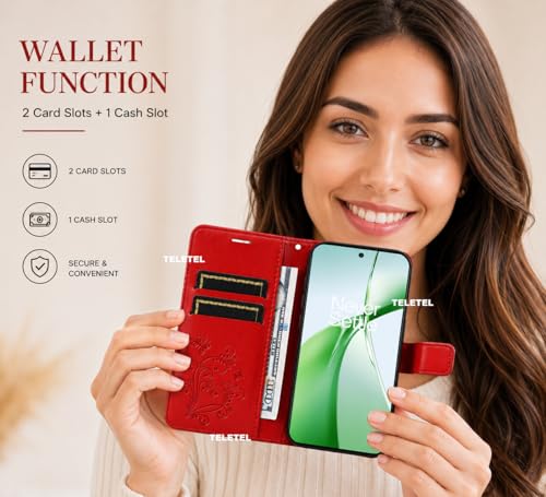 Image of TELETEL Butterfly Magnetic Closure Wallet Card Holder Flip Case for Vivo V50 5G|Mobile Cover|Back Flip Cover - Red