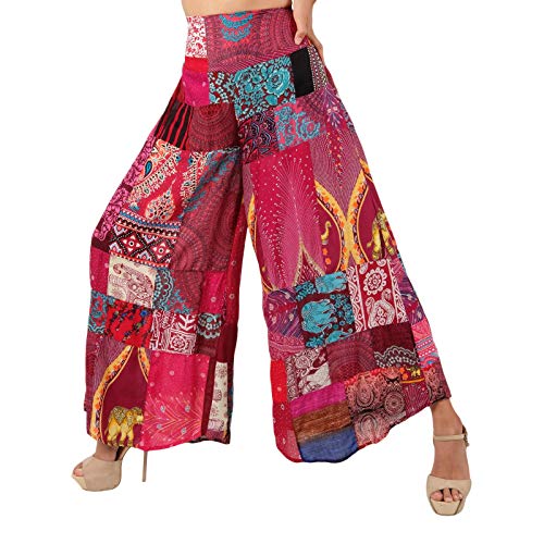 LOFBAZ Women's Wide Leg Palazzo Pants Yoga Lounge Hippie Harem Flowy Trousers Juniors Ladies Travel Cover Up Beachwear Patchwork Burgundy 3XL by LOFBAZ - Image 4