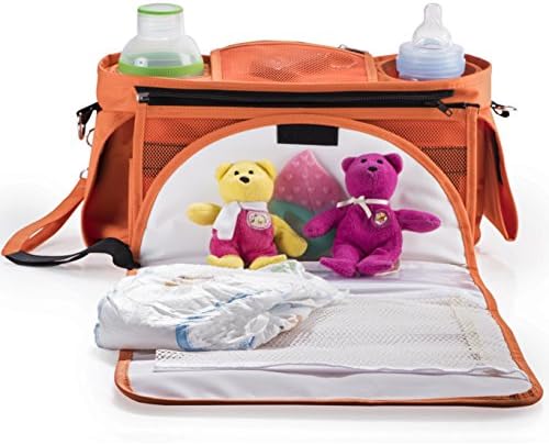 Stroller Organizer with Diaper Changing Mat - Color Black & Orange – 2 Insulated Bottle Holders and Food Compartment - Detachable Long Mesh Bag – Attachable in Car Seat - Highest Quality (Orange)