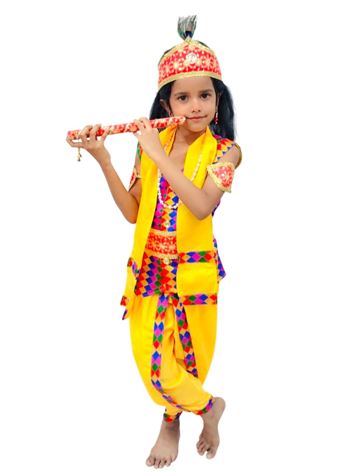 BookMyCostume Shri Krishna Multicolor Kids Fancy Dress Costume 9 Pcs Set with Red Accessories & Wig - Premium 7-8 years