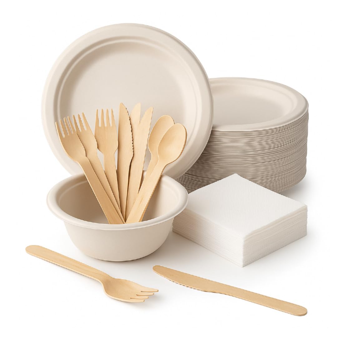 Pack Vajilla Desechable Ecológica para 100 Personas – 600 Piezas Compostables | Platos y Bowls de Caña de Azúcar, Cubiertos de Madera Encerada, 100 Servilletas 20x20 | Biodegradable