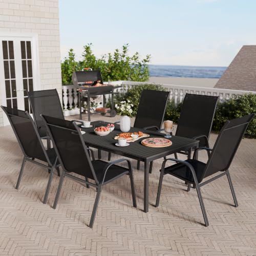Image of Betterhood Patio Chairs Set of 8, Stackable Outdoor Dining Chairs Set with Breathable Seat Fabric, All-Weather Powder-Coated Metal Frame for Pool Side, Backyard, 350LBS Capacity (Black, Set of 8)