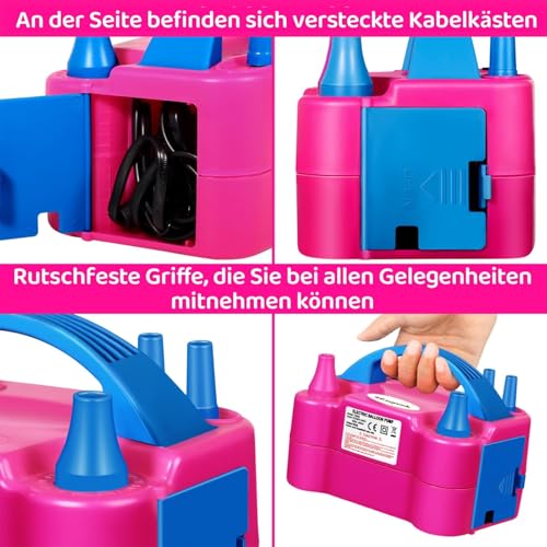 FLSEPAMB Luftballonpumpe Elektrisch, 600W Motor Ballonpumpe Elektrisch Klein with 2+2 Düse, Intelligenter 2 Modus Pumpe Luftballon, Tragbar Luftballon Pumpe Elektro 4