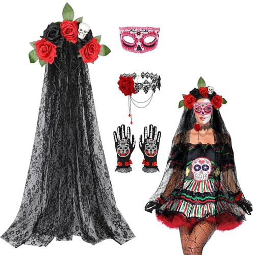 4 peças diadema do dia dos mortos com rosas vermelhas véu preto Halloween máscara olhos colar luvas de esqueleto, diadema mexicana Halloween dia dos mortos disfarce mulher acessórios Halloween mulher