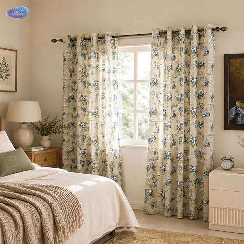 Image of Clasiko Block Print Sheer Door Curtains; 40% Light Filtering Linen Textured Curtains with Eyelets; Set of 2 | 54x108 Inches / 9 Feet | Glory Blue