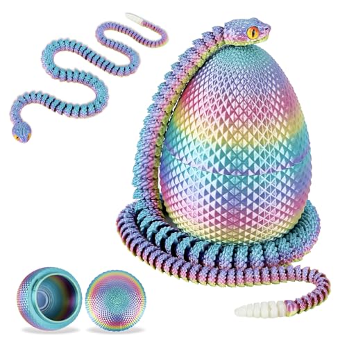 3D Printed Snake Eggs with Snake Inside，23.22 Inch Rainbow Crystal Snake Fidget Toys，Articulated 3D Snake with 3D Snake Eggs Multiculor