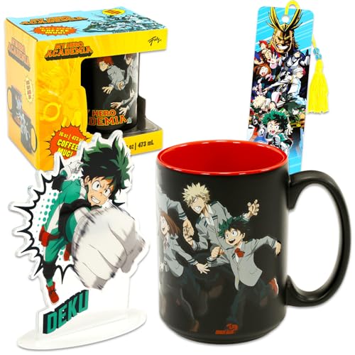 My Hero Academia Mug Gift Set - Bundle with 16 Oz Ceramic Coffee Cup with Handle Plus Deku Figure Stand, Bookmark for Kids, Teens, Adults Home Decor Set for Adults