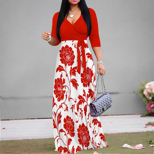 Image of PinkPatty Plus Size Maxi Dress for Women Casual V Neck 3 /4 Sleeve Boho Printed Long Dress with Pockets