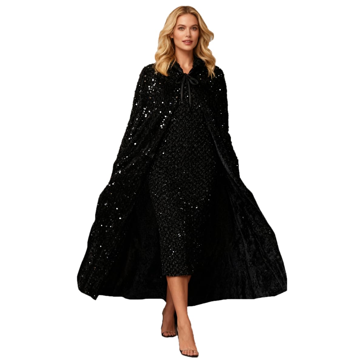Awlsyj Womens Hooded Cloak Long Velvet Cape Halloween Costumes Robe Masquerade Party Role Cosplay (Sequin Black) โ image 1