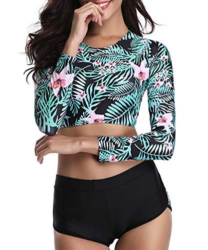 Century Star Two Piece Swimsuit Long Sleeve Lace Up Back Swimwear Crop Top Tankini Bathing Suit for Women A Floral Print (Leaf) 6-8