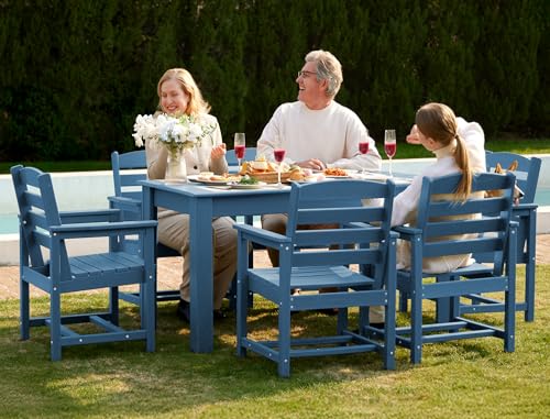 Image of SERWALL 59 inch HDPE Outdoor Dining Set for 6, w / 1 Table & 6 Armchairs, Blue