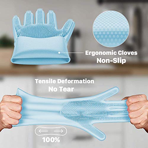 ANZOEE Reusable Silicone Dishwashing Gloves, Pair of Rubber Scrubbing Gloves for Dishes, Wash Cleaning Gloves with Sponge Scrubbers for Washing Kitchen, Bathroom, Car and More (Gray) (Blue)