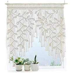 Cortinas De Sala Cortas Cortinas correderas de macrame Boho hojas tejidas cortas cortinas de bistro bistro colorta de la puerta de la pared colgante de la puerta cortina corta para sala de estar balcón de balcón de balcón