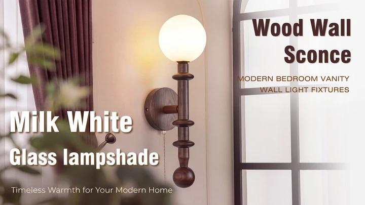 Image of Wood Wall Sconce,Industrial Globe Wall Sconce,Modern Bedroom Vanity Wall Light fixtures with White Globe Glass Lampshade for Living Room、dinging Room