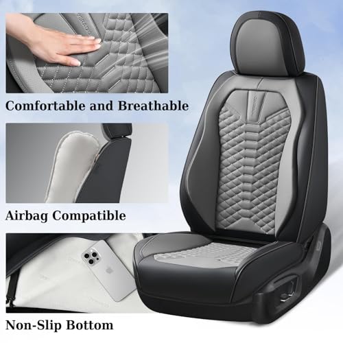 Image of Coverado Seat Covers Full Set, Waterproof Nappa Leather Seat Covers for Cars, 5 Seats Universal Car Seat Protectors, Black and Gray Automotive Seat Covers Car Seat Cushions Fit for Most Cars