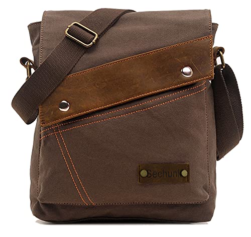 Sechunk Canvas Shoulder Bags Crossbody Bags Messenger Bags Purse for Men Women (Coffee，small) - Thumbnail 2