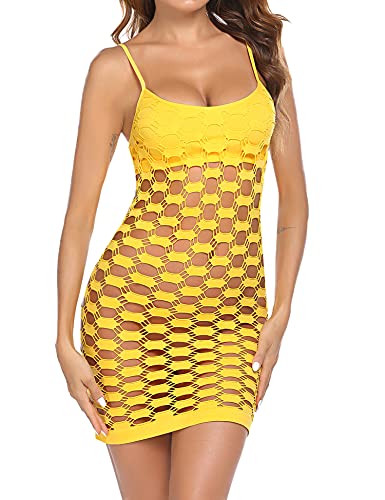 Avidlove Lencería sexy para mujer, vestido de malla, vestido hollow out, vestido de noche, química, babydoll de pescado, minivestido de talla única, ropa de dormir flexible, A.amarillo., Talla única Cover