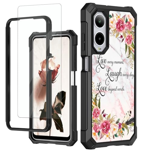 RAUEDWDJS for Cricket Debut S3 2024/AT&T Vista 2 Phone Case with Tempered Glass Screen Protector,Full-Body Hard PC & Soft TPU Bumper Shockproof Protective Case-Flowers Marble