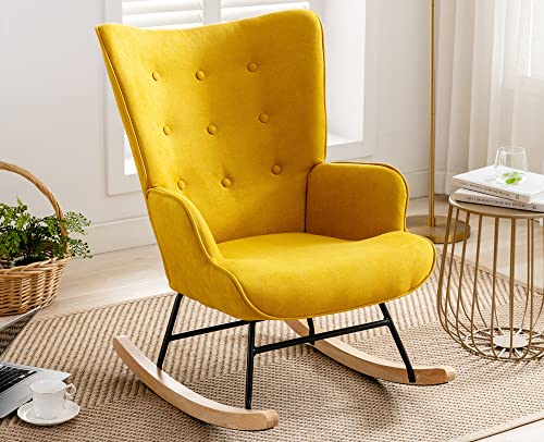 Vescasa Chenille Rocking Chair With Tufted Wingback，23.5" Wide Midcentury Modern Rockers With Arms For Nursery/Reading Room/Living Room/Bedroom, Mustard Yellow #TOP22