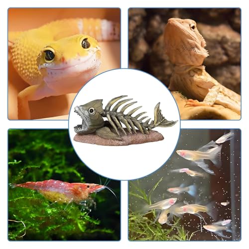 Image of kathson Fish Tank Decorations Resin Piranha Skeleton Aquarium Decor Reptile Tank Accessories Ornament Fish Bone Hideout for Shrimp Lizards Geckos Spiders