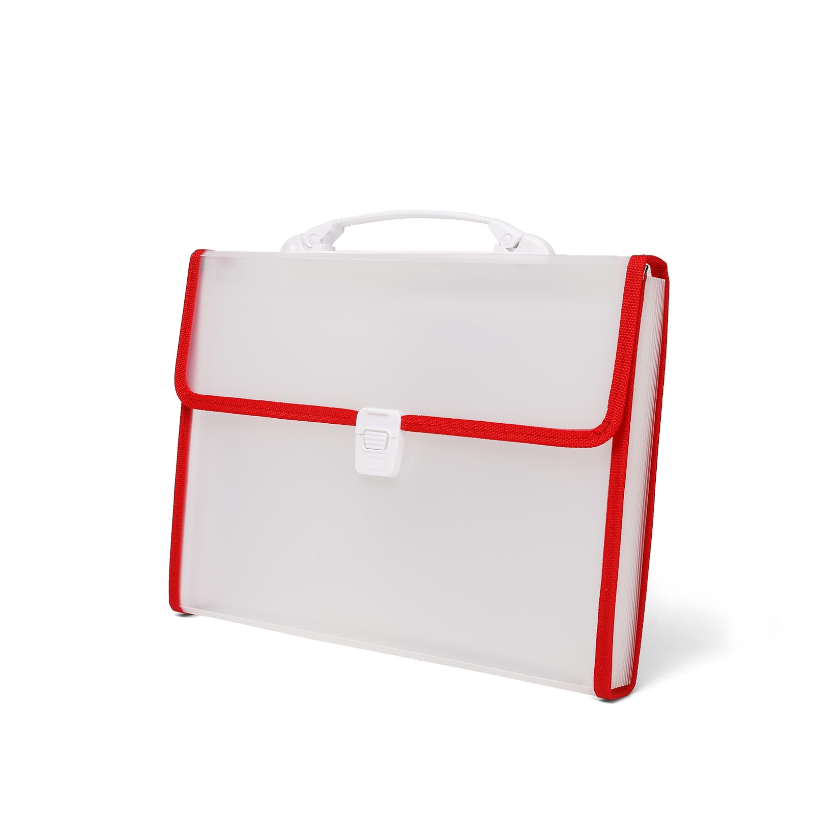 Neomate Expanding File Folder with Handle | 13-Pocket A4/FS Size Document and Certificate Organizer | Transparent Accordion Folder | Red