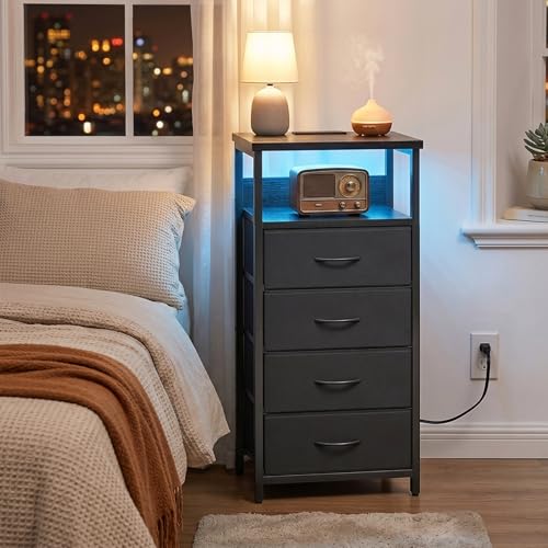 Image of Fixwal Night Stand with 4 Fabric Storage Drawers, Tall Nightstand Bedside Table with Charging Station & Led Lights, Fabric Dresser for Bedroom, Black