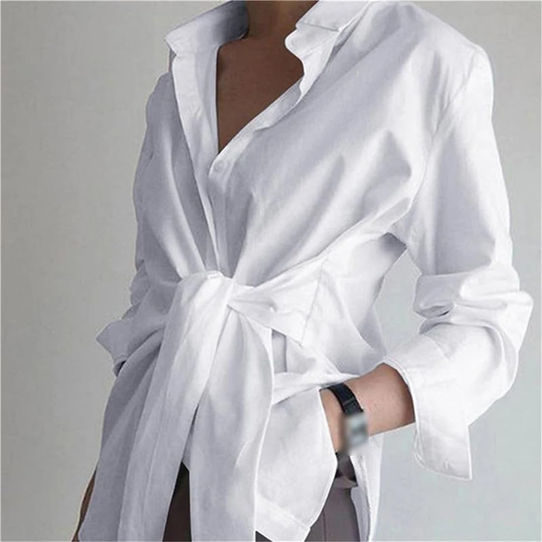 Blusa Asimétrica con Cordones para Mujer, Blusa Informal De Manga Larga con Botones, Túnica De Trabajo De Talla Grande