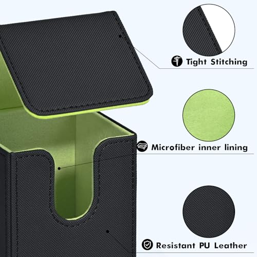Image of ZLCA Card Deck Box for Trading Cards, MTG YuGiOh Deck Case Holds 100+ Single Sleeved Cards, PU Leather Magnetic Card Storage Box Fits for TCG CCG Magic Game Cards (Black& Green)