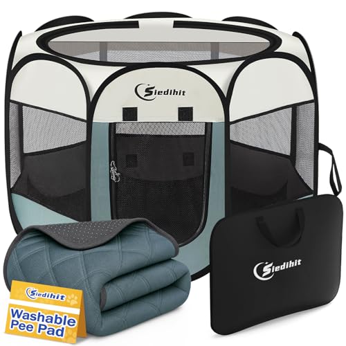 Siedihit Dog Playpen with Washable Pee Pad, Puppy Pet Cat Playpen Small Dogs Tent Crate Indoor/Outdoor, Portable Pop Up Kennel with Carrying Case for Cats/Rabbits(Grey,Small with pad)