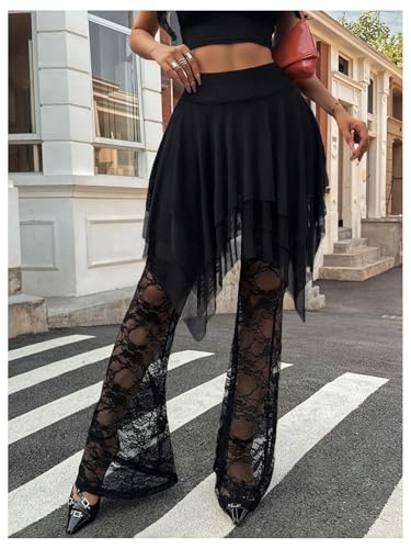 Verdusa Women's Plus Size Lace Floral Flare Pants Mesh Sheer Flowy Rave Trousers4