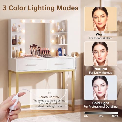 Image of YESHOMY Vanity Desk with Mirror and Lights, Small Makeup Table for Bedroom | Built-in Fast Charging Station, 3-Mode LED Mirror, Large Storage with Drawers & Open shelves