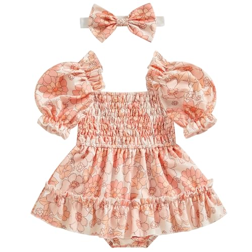 Image of Mubineo Baby Girl Summer Clothes Outfits Newborn Infant Floral Short Sleeve Romper Dress Cute Outfit (Pink Flower, 6-12 Months)