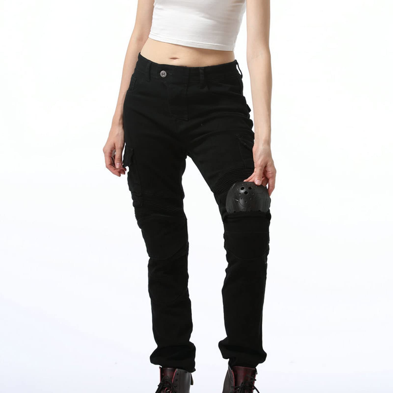 Moto Pantalon Protection Pour Femmes, Moto Jeans Respirant, Avec Amovible Protéger Pads D'armure De Motard Pantalon Extensible Résistant à L'usure, Coupe-Vent (Black,L)