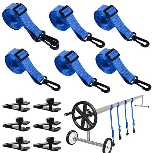6set Upgraded Pool Solar Cover Reel Straps Adjustable Pool Cover Reel Attachment Inground Swimming Pool Solar Cover Straps and Clips Kit Including 6 Solar Reel Blanket Straps with Hooks 6 Clamps