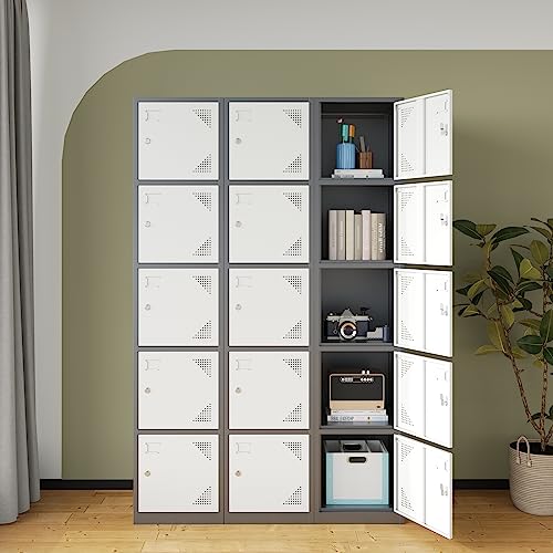 Miiiko Office Storage Lockers For Employees, 5 Tier Metal Locker With Lock And Keys, 71'' Slim Metal Storage Cabinet With 5 Doors For School, Gym, Dormitory, Chaning Room, Grey + White #TOP1