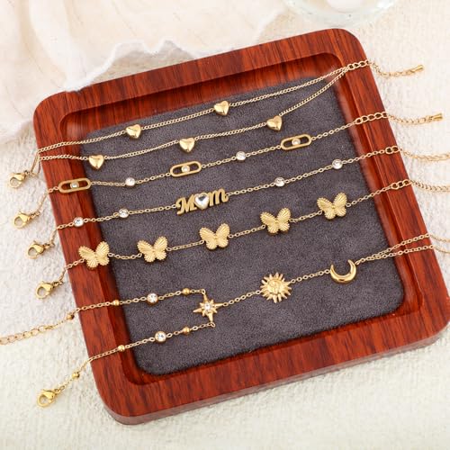 Image of 18K Gold Plated Stainless Steel Dainty Charms Colorful Crystal Birthstone Bracelet Minimalist Cute Jewelry for Women