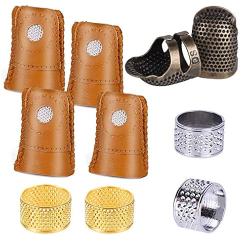 Wamkon 10 Stücke Nähen Fingerhut Set, LederFingerschutz mit 2 Farbigen Metall Fingerhut, Quilten Fingerhut zum Handnähen und Handarbeiten Cover