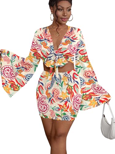 Image of LYANER Women 2 Piece Vacation Outfits Tie Knot Front Bell Long Sleeve Crop Top and Mini Skirt Summer Set