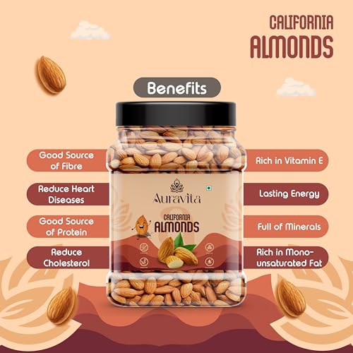 Image of Auravita California Almonds 500gm | Crunchy & Healthy Dry Fruit, Premium Badam Giti for Daily Nutrition | Healthy Diet Snacking Resealable Jar Pack