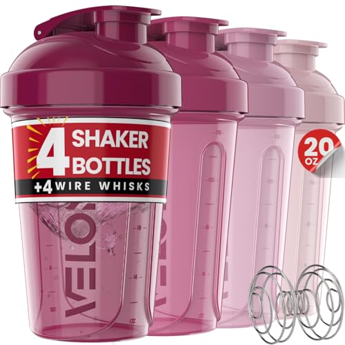 VELOMIX -4 PACK- 20 OZ Protein Shaker Bottles for Protein Mixes, Shaker Cups for Protein Shakes, Small Shaker Bottle Pack, Shaker Cup, Shakers for protein Shakes (Berry Blend)