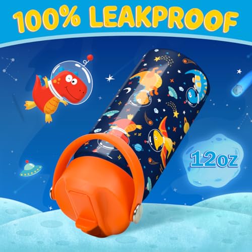 Image of Kids Water Bottle with Straw Lid - 12 Oz Insulated Stainless Steel Dinosaur Water Bottles for Kid Boys - Travel Cup for School Sports