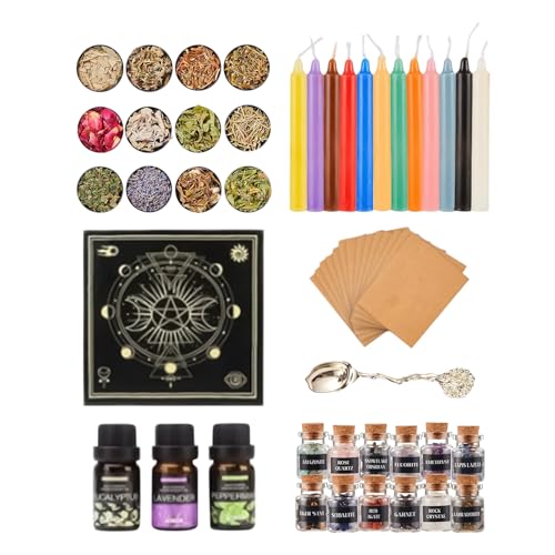 Kit básico de Suministros para el Altar Wiccan: Juego de Herramientas rituales de 50 Piezas con Velas de Hechizo, Cristales, Hierbas, paño de Altar de Madera y guía Sencilla | Inicio Bruje