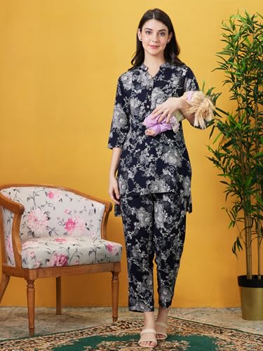 Image of AV2 Women's Maternity Night Suit Set|Nursing|Feeding Printed Tunic & Bottom Coord Set 2426