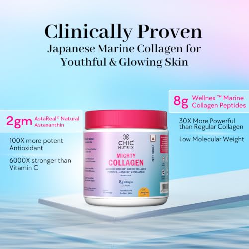 Image of Chicnutrix Marine Collagen Supplements Powder for Women & Men | 8000mg Japanese Wellnex Marine Collagen Peptides, AstaReal Astaxanthin | Zero Sugar, Fast Absorption & No Fishy Aftertaste | Mango Flavour, 25 Servings
