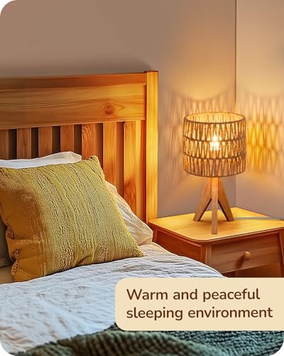 EDISHINE Small Rattan Table Lamp, Rustic Wood Tripod Bedside Lamp, Reticulated Paper Lampshade, Boho Desk Lamp for Living Room, Bedroom, Office, LED Bulb Included, E27 Base - Image 5