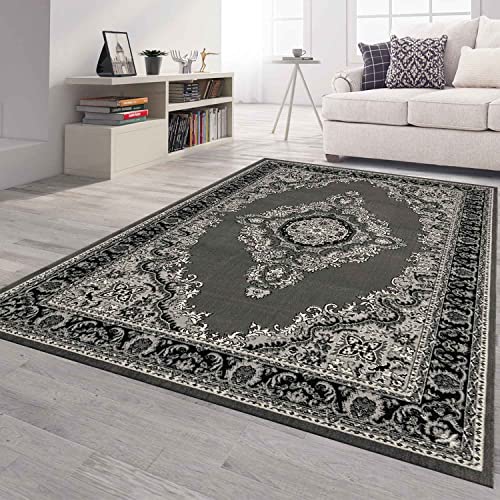 VIMODA Orient Teppich grau schwarz klassisch Ornament dicht gewebt Kurzflor farbecht, Maße:80x150...