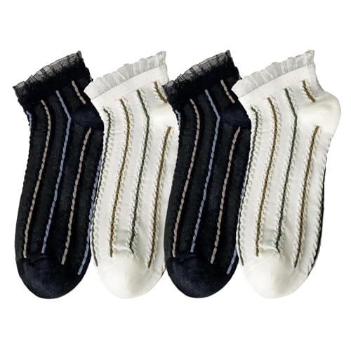 zrylibya Women Ruffle Frilly Lace Trim Ankle Socks Striped Textured Casual Cute Low Cut Socks 4 Pairs