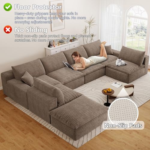 Image of 136 inch Cloud Couch Modular Sectional Sofa for Living Room, U-Shape Boneless Couch with Deep Seat, Modern Corduroy 6-Seater with Ottoman, No Assembly Required, Camel