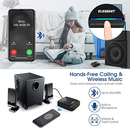 ELEGIANT Bluetooth 5.0 Transmitter Receiver Wireless Audio Adapter Low Latency Pair 2 Headphones at Once Built-in Mic, LED Indicator, Optical TOSLINK 3.5mm AUX RCA for TV Home Stereo System(Black)