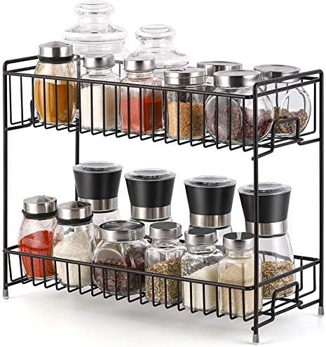 2-Tier Spice Racks Countertop, Spice Rack Organizer Countertop Storage Kitchen Shelf Holder for Spices, Jars, Herbs, Condiments, Oil - Metal Storage Stand for Home Kitchen Bathroom Countertop Storage